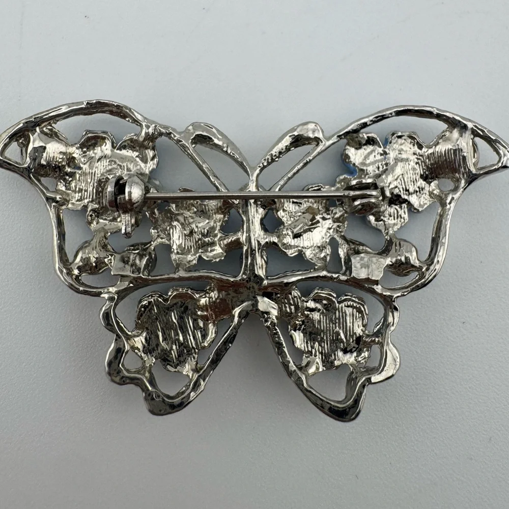 Blue Floral Butterfly‎ Brooch Silver Toned